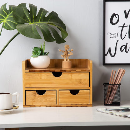 Rustic Distressed white 3-Tier Bamboo Desk Organizer with 3 Drawers Mini Storage Shelf For Desk, Toiletries Vanity Office Supplies (bamboo)