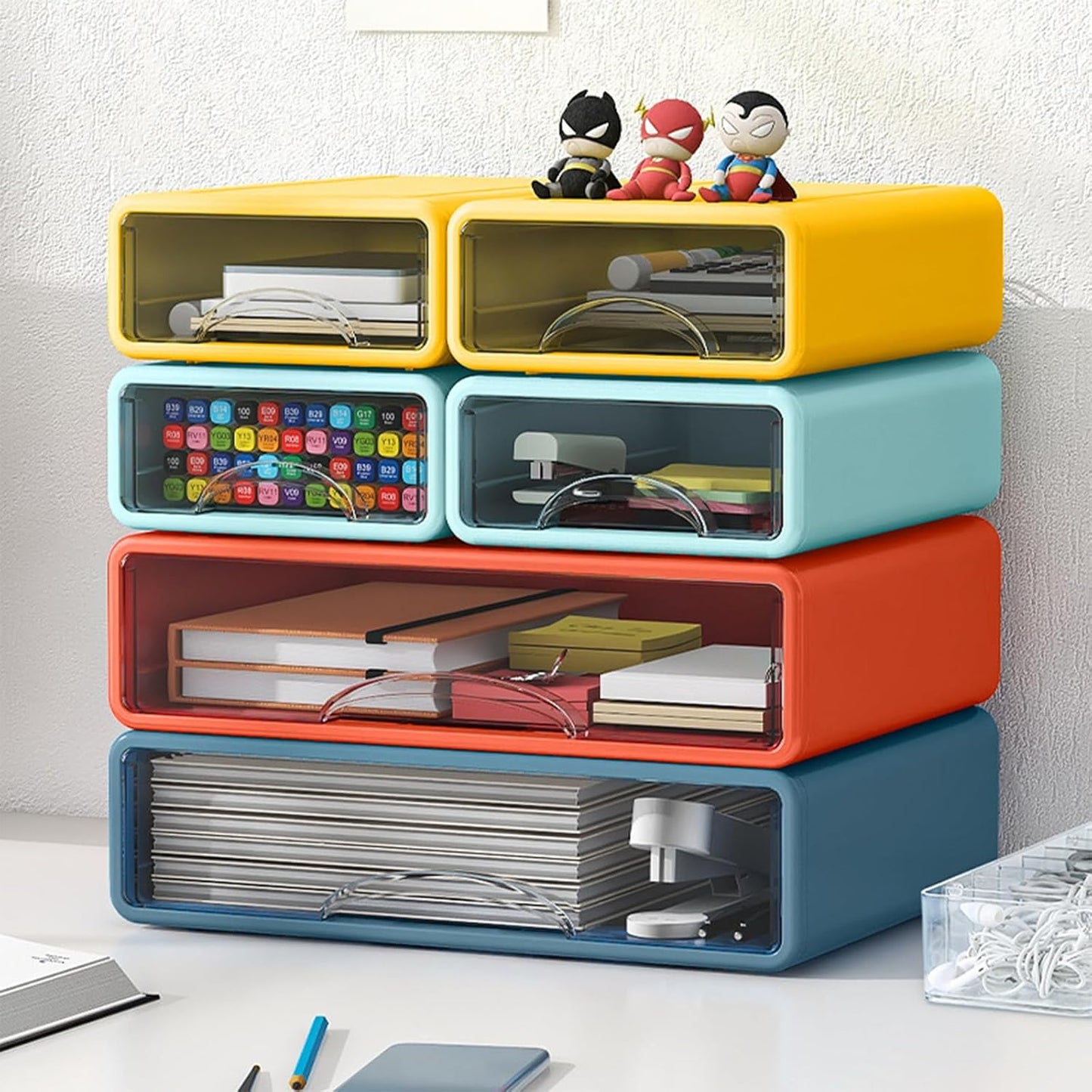 Desk Organizer with Drawers, Stackable Storage Drawers with Compartments Desktop Organization for Office Supplies, Makeup, Pencils, Tape, Erasers, Paperclips, Chargers (4 Pack)
