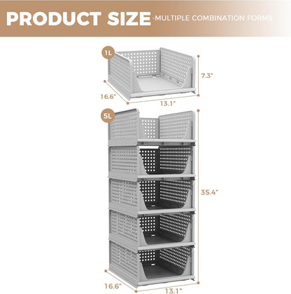 Pinkpum 5 Pack Stackable Plastic Storage Closet Organizers and Storage Bins Drawer Shelf Storage Container for Wardrobe Cupboard Kitchen Bathroom Office White