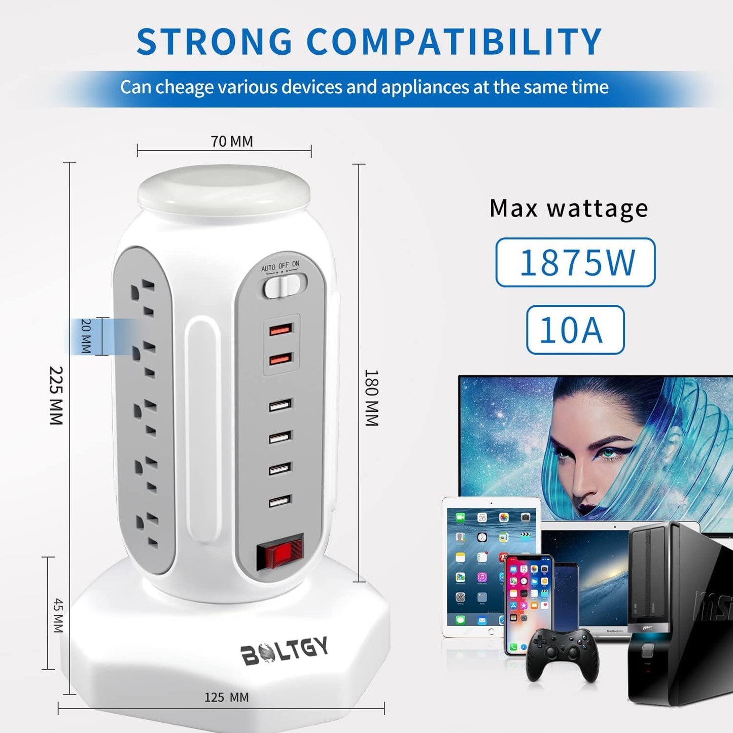 Flat Plug Total Fast Charging Station, Protector with 15 AC Outlets and 6 USB Ports (2 Fast Charge), Tower Surge Protector Power Strip, 6.5FT Extension Cord for Home Office Dorm Room.