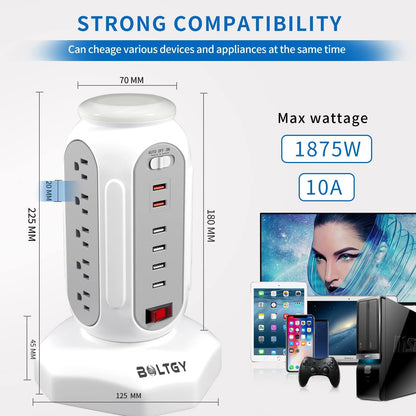 Flat Plug Total Fast Charging Station, Protector with 15 AC Outlets and 6 USB Ports (2 Fast Charge), Tower Surge Protector Power Strip, 6.5FT Extension Cord for Home Office Dorm Room.