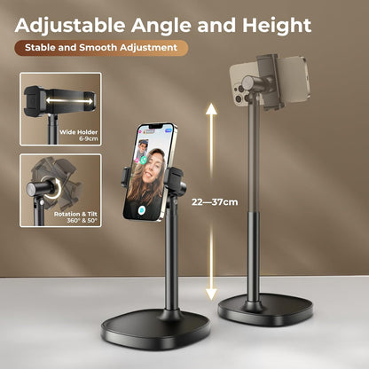 Desktop Phone Stand, Adjustable Height & Angle Holder, Compatible with iPhone, Samsung, Android Smartphones - Night Black