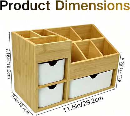 Bamboo Makeup Organizer with 3 Drawers & Adjustable Dividers, Desk Cosmetic Storage Box, Vanity Countertop Organizer for Bathroom, Office, Bedroom (11.5x5.4in)