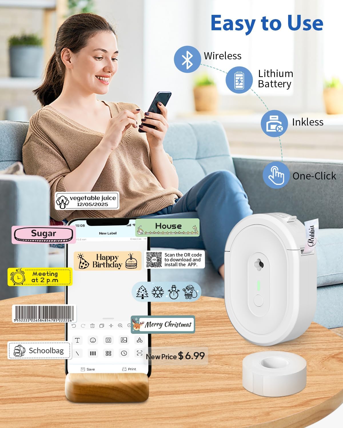 Label Maker Machine with Tape, N12 Portable Bluetooth Label Printer, Wireless Mini Label Makers Thermal Sticker with Multiple Templates for Home, Kitchen, School, Office Organization, Green