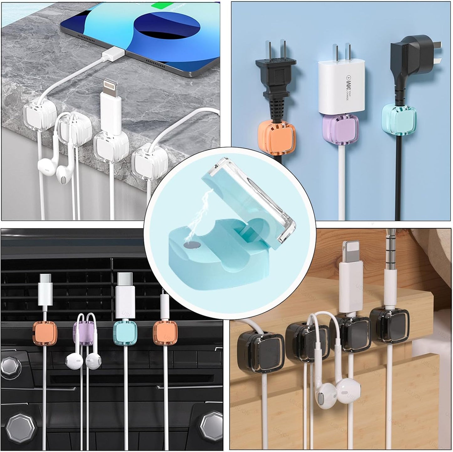 IFNOW 6 Pack Magnetic Cable Clips for Nightstand Black and White Self Adhesive Cord Holder Adjustable Clip for Desk, Nightstand, Phone Charger, Computer, Home, Office, Car
