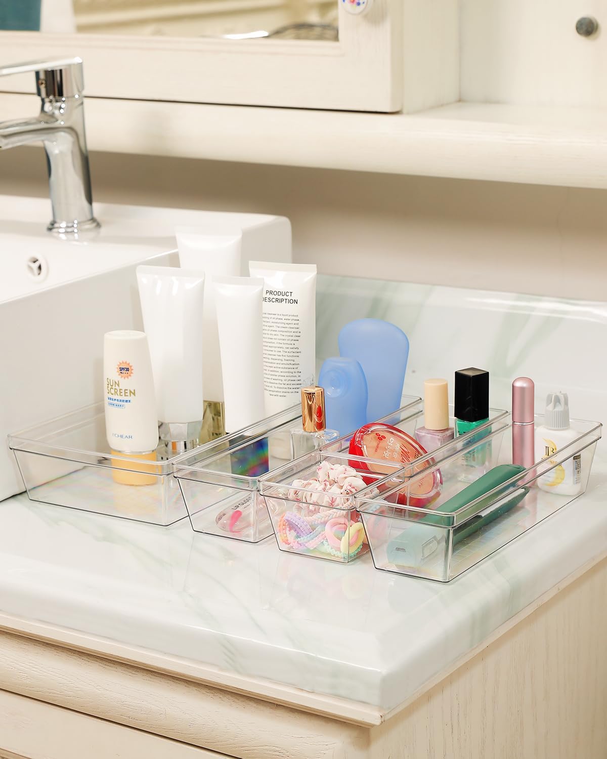 Clear Plastic Drawer Organizer Storage - 25Pcs 4 Size Desk Bathroom Kitchen Organizers and Accessories Office Organization, Vanity Stackable Drawers Bins Trays Containers Dividers Makeup Sets