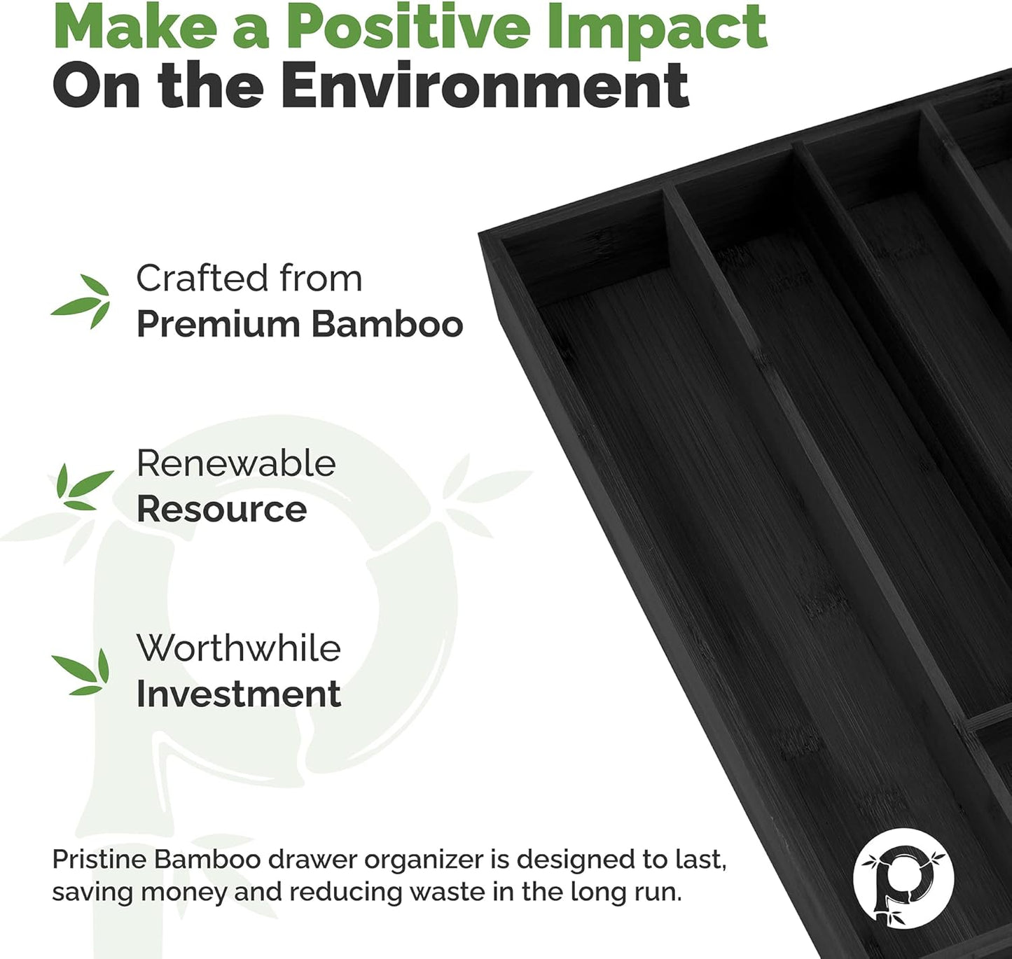 Pristine Bamboo Expandable Drawer Organizers for Kitchen - Extra Deep Non-Slip 17” x 14.6” (expands up to 25 inches) - Dark Wooden Silverware Divider (10 Compartments) – Organize Cooking Utensils