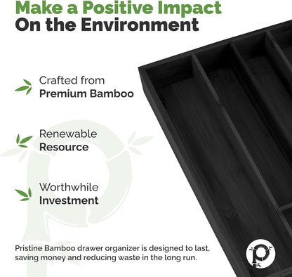 Pristine Bamboo Expandable Drawer Organizers for Kitchen - Extra Deep Non-Slip 17” x 14.6” (expands up to 25 inches) - Dark Wooden Silverware Divider (10 Compartments) – Organize Cooking Utensils