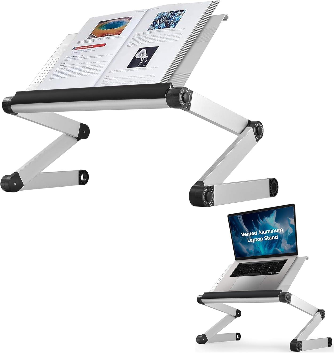 Uncaged Ergonomics Adjustable Book Holder, Tablet & Laptop Stand, Aluminum Portable Reading Stand for Textbooks & Cookbooks, Recipe Holder for Kitchen Counter, Silver