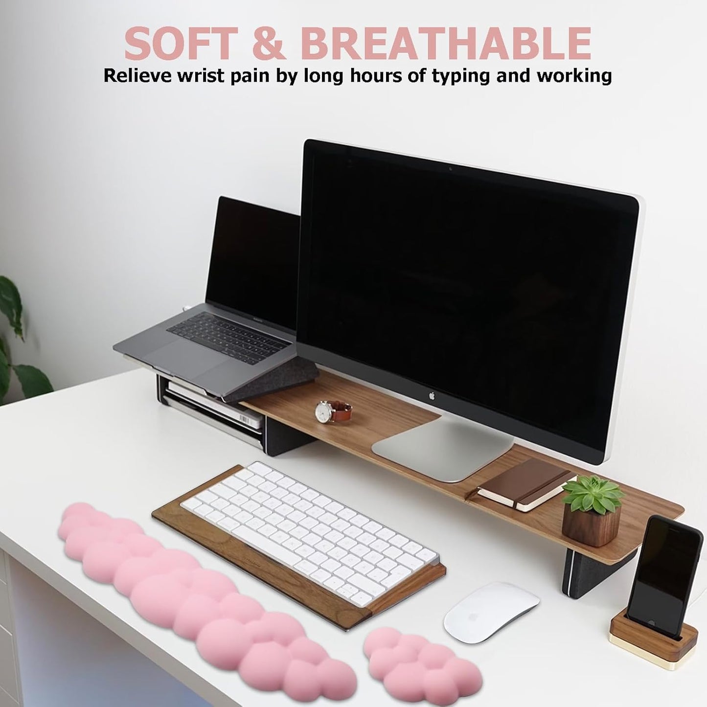 Ergonomic Keyboard Wrist Rest, PU Leather Memory Foam Cloud Wrist Rest for Computer Keyboard, Mouse Wrist Rest and Keyboard Pad for Gaming, Office, Computer, Laptop, Typing Pain Relief, Pastel Pink