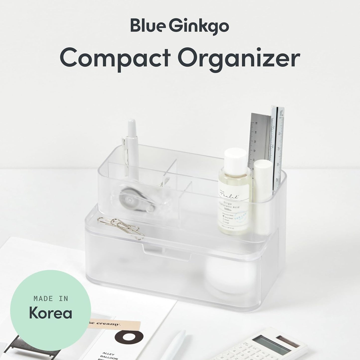BLUE GINKGO Compact Desk Organizer – Small 5-Compartment, Half Drawer Storage – Pen Holder, Stationery Organizer for Desktop, Vanity, Shelf (Made in Korea, Green)