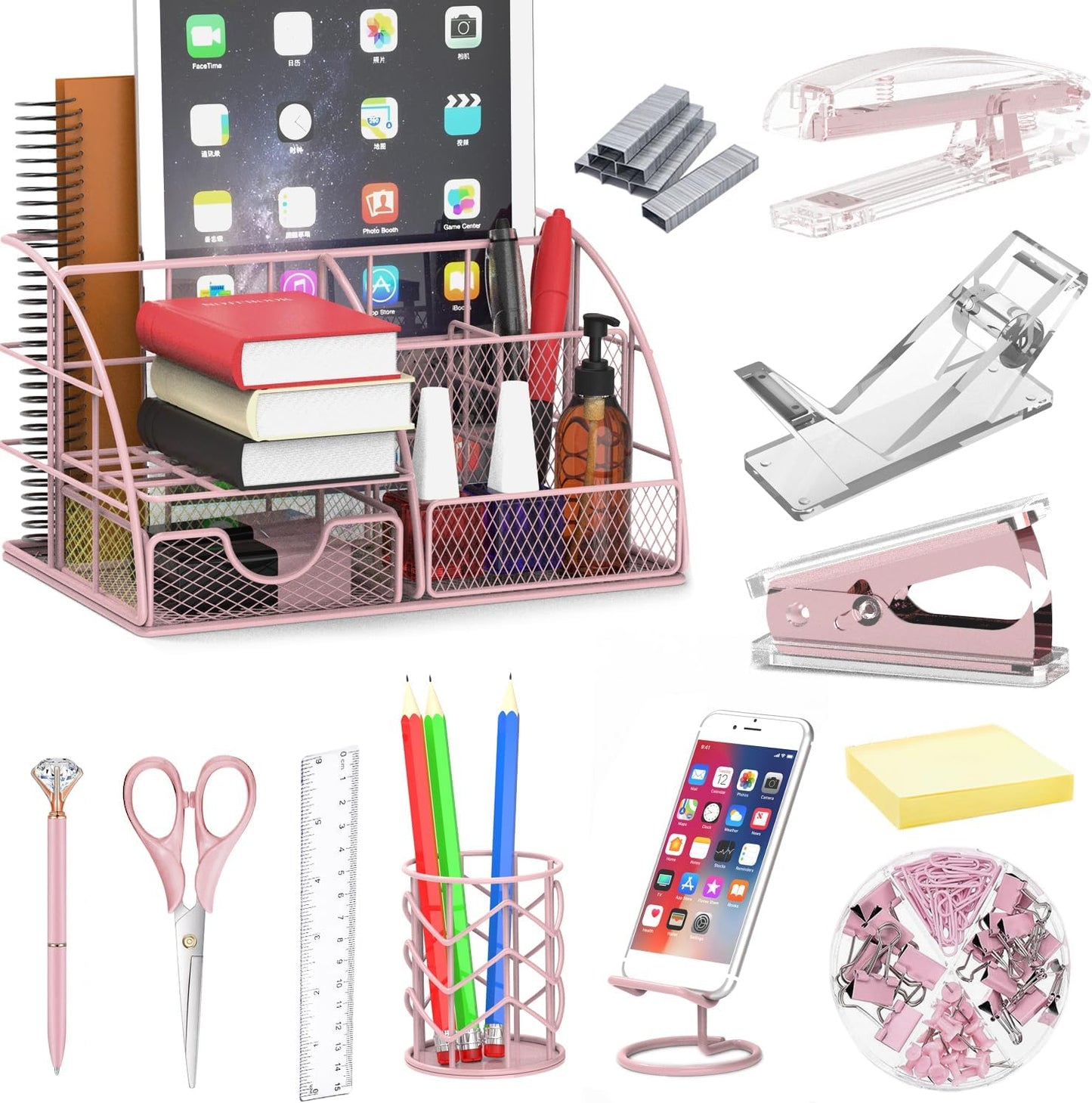 Office Desk Organizers, Rose Gold 13PCS Office Supplies and Accessories Desk organizer, Acrylic Stapler, Staple Remover, Clips, Scissor, Phone Holder, Pen, Pen Holder (Rose Gold)