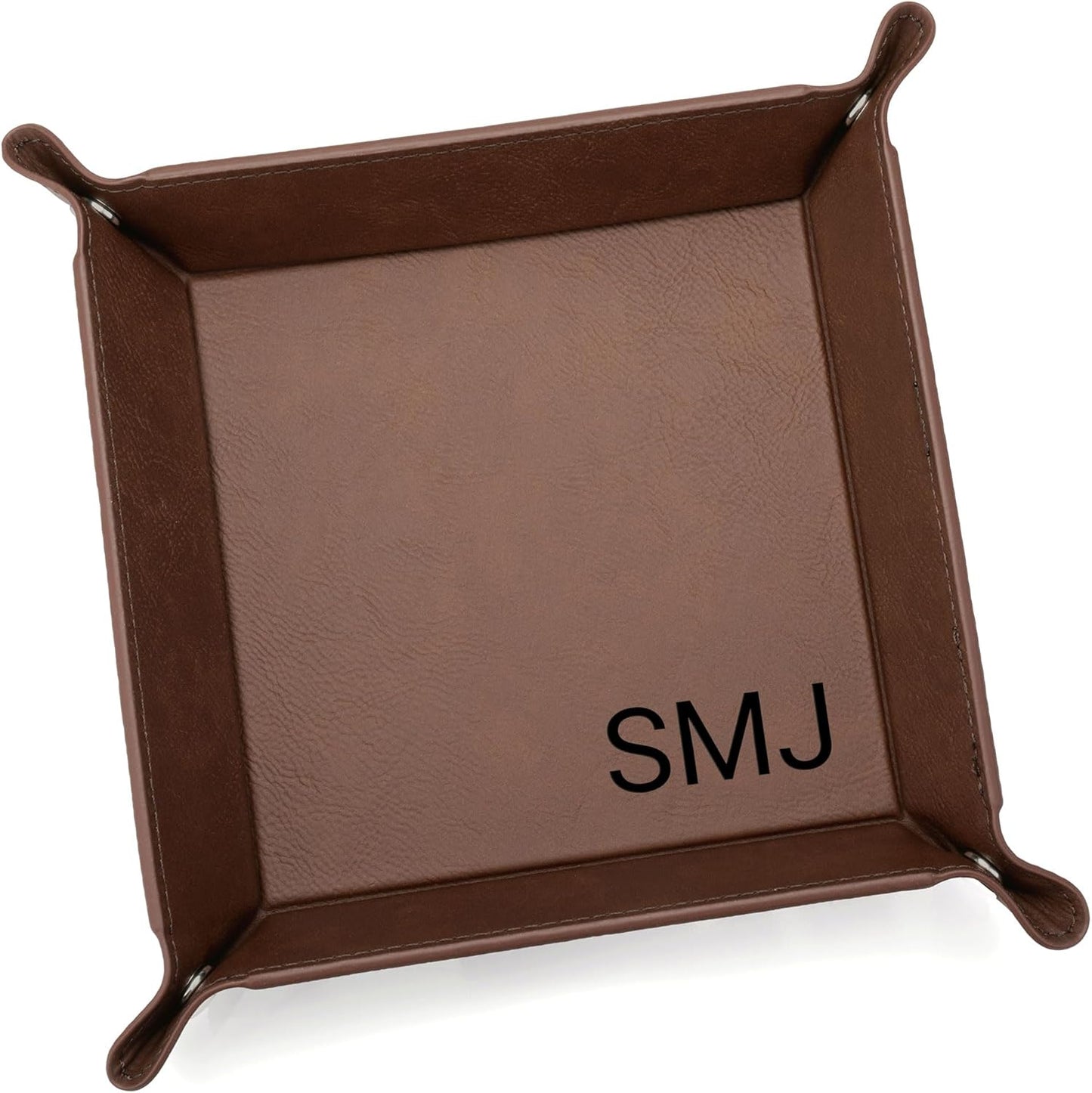 Lifetime Creations Monogrammed Valet Tray for Men (Brown) - Personalized Vegan Leather Catch All, Nightstand Desktop Desk Organizer for Coins, Keys, Watch