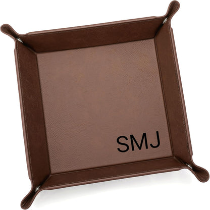 Lifetime Creations Monogrammed Valet Tray for Men (Brown) - Personalized Vegan Leather Catch All, Nightstand Desktop Desk Organizer for Coins, Keys, Watch