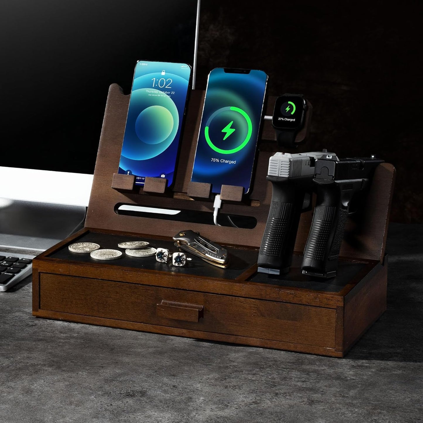 DGWJSU Phone Docking Station as Gifts for Men, Wood Pistol Rack As Nightstand Organizer for Gun Safe, Phone Charging Station as Gifts for Him Boyfriend Husband Father in Anniversary Birthday Christmas