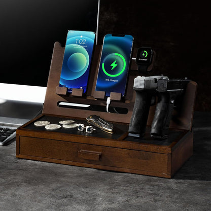 DGWJSU Phone Docking Station as Gifts for Men, Wood Pistol Rack As Nightstand Organizer for Gun Safe, Phone Charging Station as Gifts for Him Boyfriend Husband Father in Anniversary Birthday Christmas