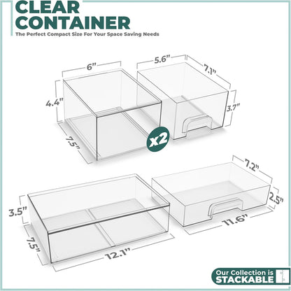 Sorbus Acrylic Storage Containers - 2 Pack, Stackable Storage Bins Set for Bathroom Organization - Clear Acrylic Drawer Organizers - Makeup Case Pull-Out Drawers (7.6’’ Tall)