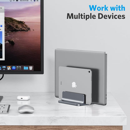 OMOTON Vertical Laptop Stand [Updated 3-Slots Version], Desktop Aluminum Mac Book Stand with Adjustable Dock Size, Fits All Mac Book, Chrome Book and Gaming Laptops (Up to 17.3 inch), Starlight