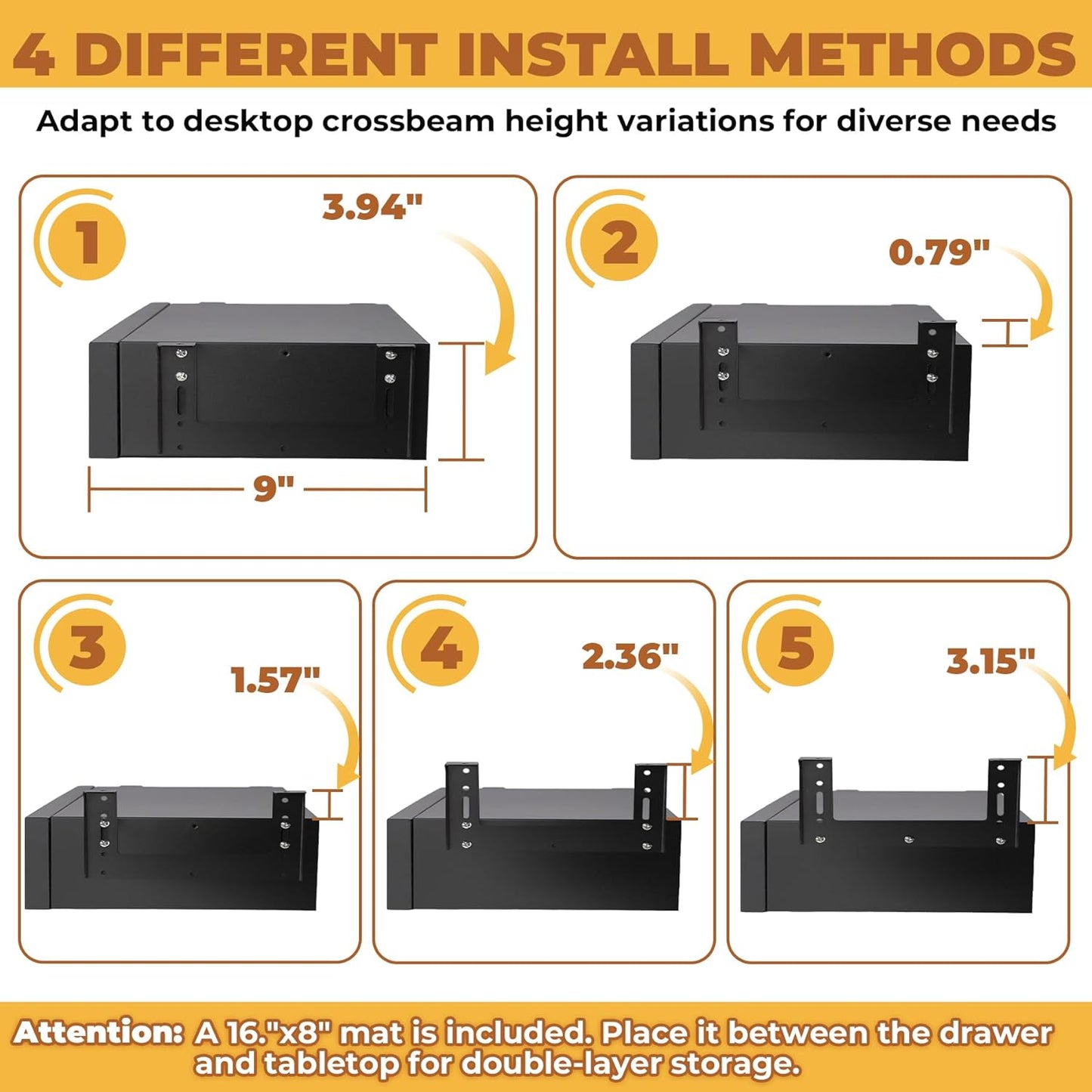 POPMOON 13.8 in Under Desk Drawer For Desk, Pull out Storage Organizer with Slide Extension Mounted Under Flat Wooden Table or Workbench, Carbon Steel Undermount Drawer,Black