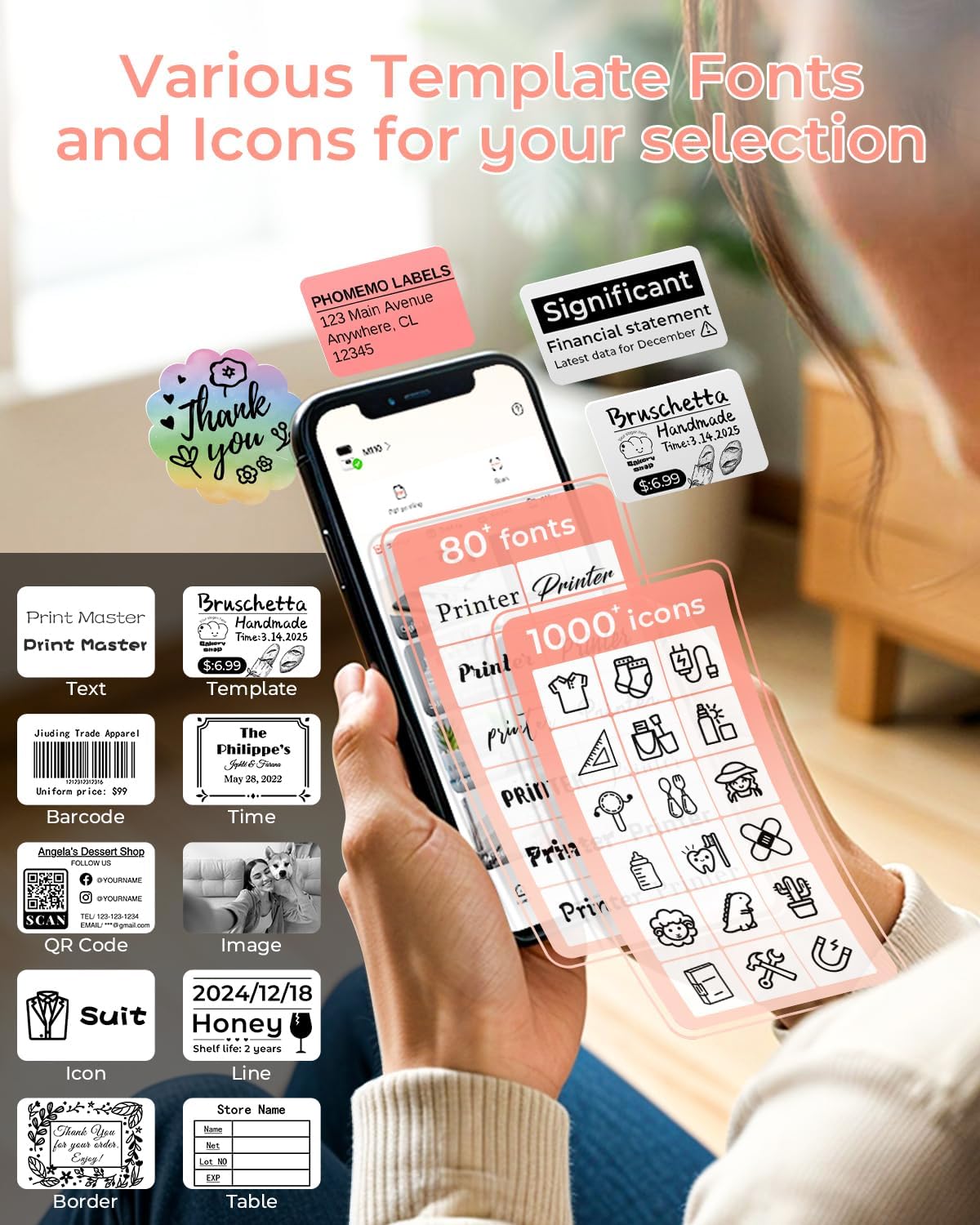 Phomemo M110 Label Makers - Barcode Label Printer Bluetooth Label Maker Portable Thermal Printer for Small Business, Address, Barcode, Logo, Clothing, Mailing, Sticker Printers for Phone & PC, Black
