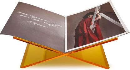 Honygebia Gold Acrylic Book Stands - Cross Frame Acrylic Book Holder, Open Bookstand for Display and Reading, Suitable for Art, Bible, Cookbook, Easel, Magazine, Textbooks 12.5" x 9.5" x 5.5"