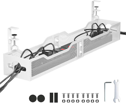 Under Desk Cable Management Tray No Drill, Metal Mesh Cable Management Under Desk with Clamp Mount, 2 Hole Cable Tray with Wire Management and Cord Organizer for Home Office Standing Desk