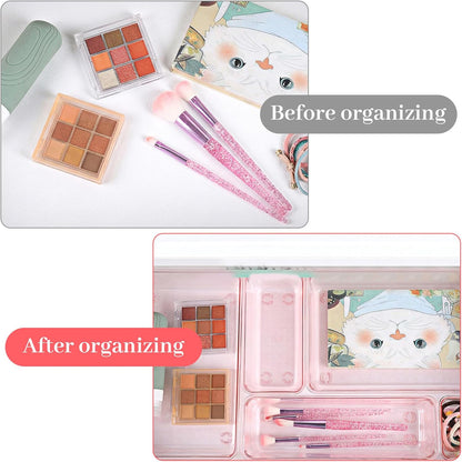 25 Pack Desk Drawer Organizer Set, Small Acrylic Vanity Trays & Storage Bins, Clear Plastic Drawer Organizer Trays for Makeup, Office, Bathroom, Kitchen (Pink)