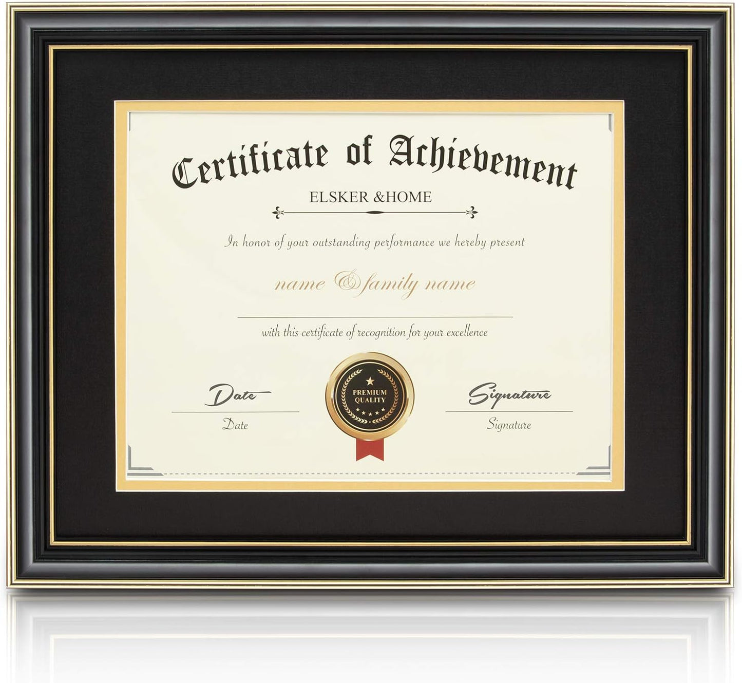 ELSKER&HOME Diploma Frame - Wide Solid Wood Frame - Black Velvet Golden Rim Mat - Semi-Tempered Glass - Includes Hanging Hardware and Desktop Easel(ONLY Display 11×14 Document/Certificate)