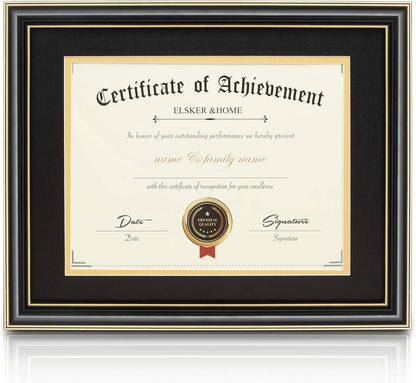 ELSKER&HOME Diploma Frame - Wide Solid Wood Frame - Black Velvet Golden Rim Mat - Semi-Tempered Glass - Includes Hanging Hardware and Desktop Easel(ONLY Display 11×14 Document/Certificate)