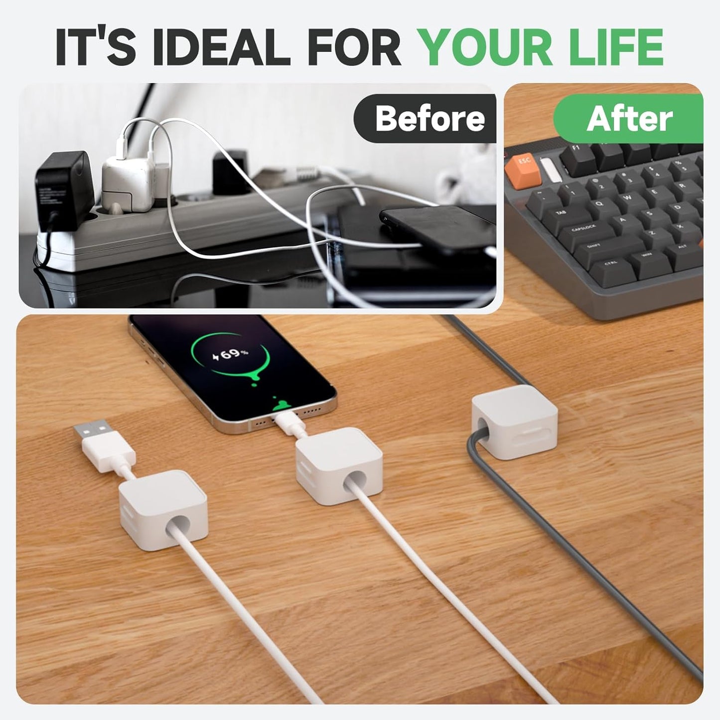 12 Black Magnetic Cable Clips,Under Desk Cable Management,Cord Holder for Nightstand Home Office Car Phone Wall,2025 Adhesive Cord Organizer[0.45" in Ht Save Space/Versatile for Wire Up to 0.27" OD]