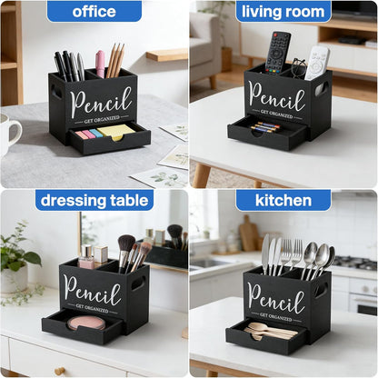 Pen Holder for Desk, Wood Pencil Organizer with Drawer, Marker Holder with 2 Compartments, Pencil Cup for Home, Office, Classroom, Teacher Supplies (White)