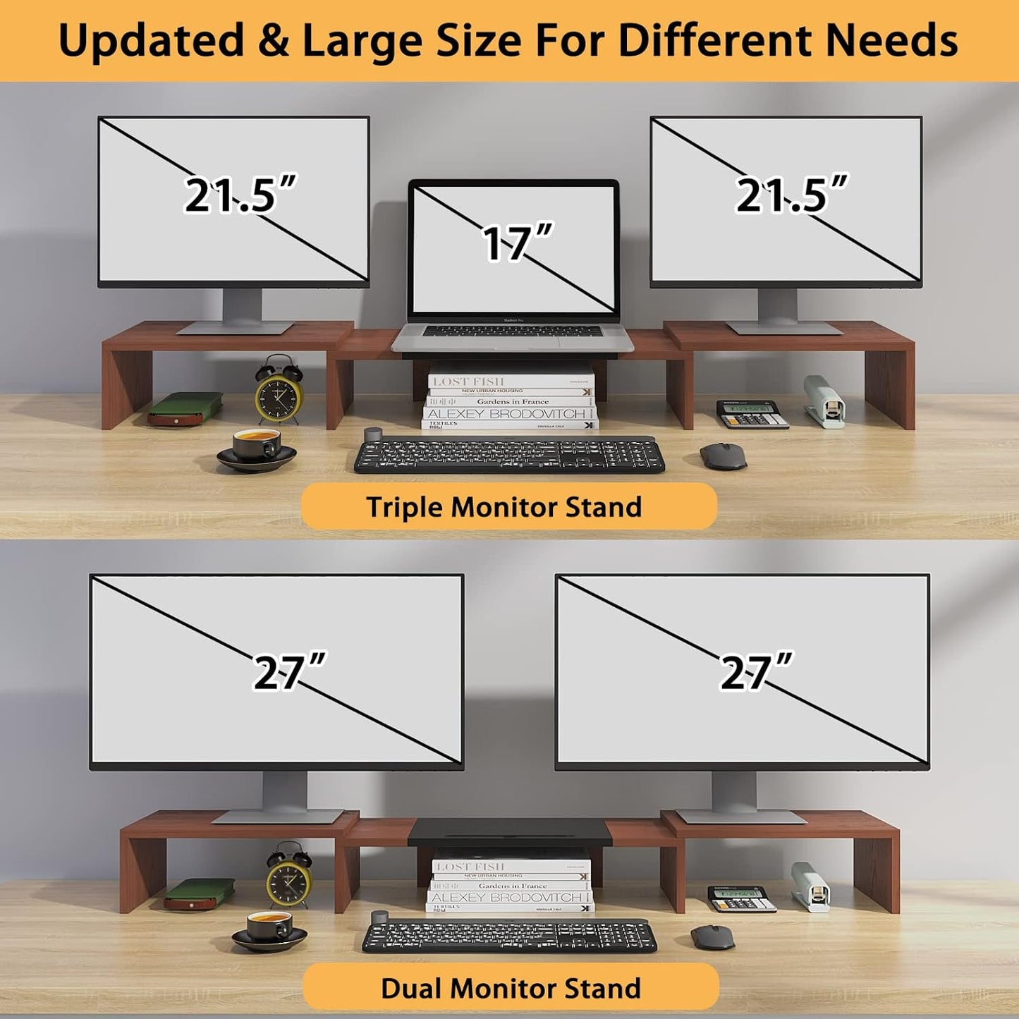 WESTREE Triple Dual Monitor Stand Riser, Extra Long Monitor Stand for 1~2~3 Monitors, Monitor Stand with Length and Angle Adjustable, 3 Shelf Desktop Storage Riser for Monitor Computer Screen Laptop