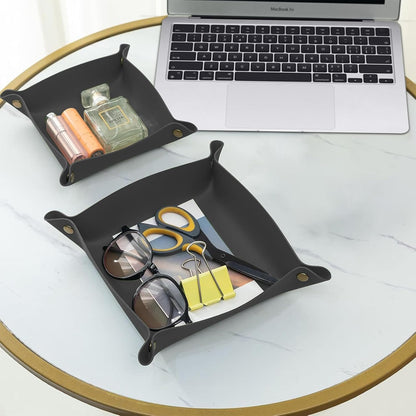 2 Pack (Size:9.84"&7.87") PU Leather Jewelry Valet Tray,Portable Entryway Table Nightstand Desk Tray Catchall Travel Plate Organizer for Phone, Keys, Wallet, Watch,Coin (Black)