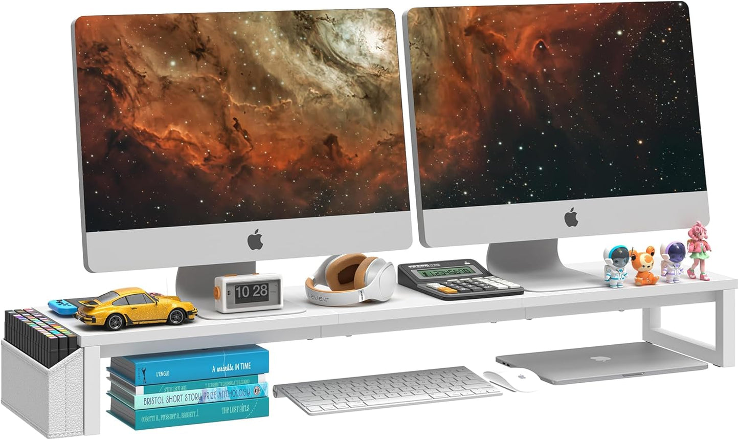 LAND·VOI Heavy Duty Dual Monitor Stand, Holds 2 Screens Up to 27 Inches, Adjustable Length and Angle Monitor Riser, Desk Organizer with Side Pockets and Drawers, Home Office Desk Storage, Rustic Brown