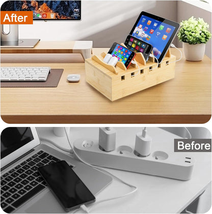 WRINGKIT Bamboo Charging Station for Multiple Devices, Desktop Charging Organizer with Removable Divider Slots, Docking Stations Stand for 6 Devices, Compatible with Tablets, iPads, Cell Phone, Laptop