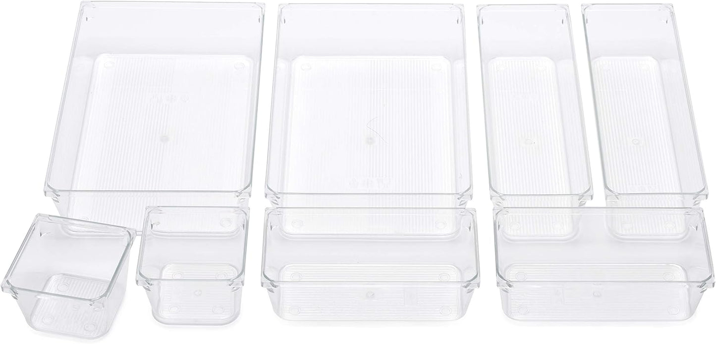 Masirs Clear Drawer Organizers Set 25 PCS – Plastic Storage Bins for Desk, Kitchen, Bathroom, Vanity – Modular, Stackable, Non-Slip Drawer Organizer Trays for Makeup, Utensils, Office Supplies