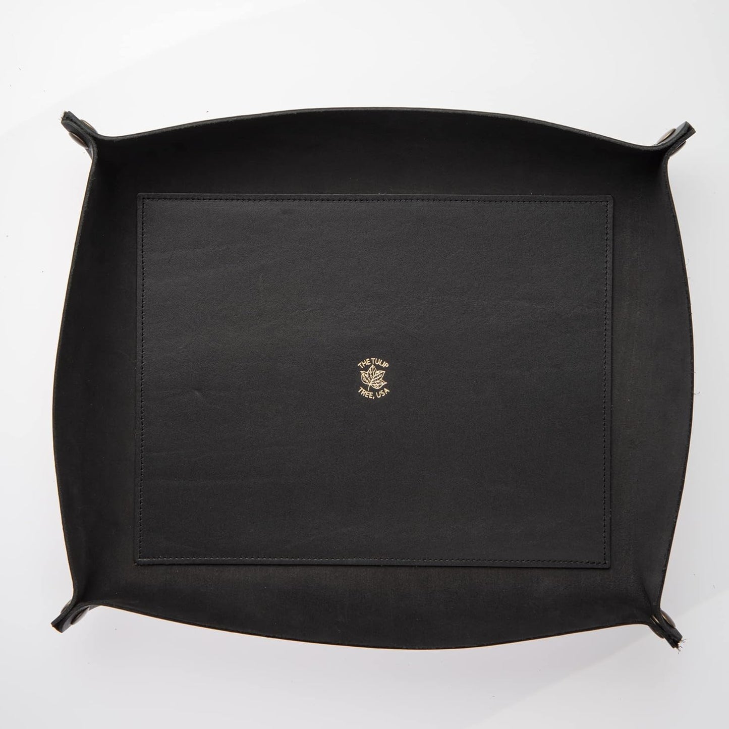 USA Handmade Premium Leather Valet Tray, Folds Flat! Dice Rolling Basket and Organizer with Brass Snaps - Reinforced Base - for Keys, Jewelry, Coin, EDC, Watch Storage Caddy - Black XLarge