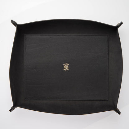 USA Handmade Premium Leather Valet Tray, Folds Flat! Dice Rolling Basket and Organizer with Brass Snaps - Reinforced Base - for Keys, Jewelry, Coin, EDC, Watch Storage Caddy - Black XLarge