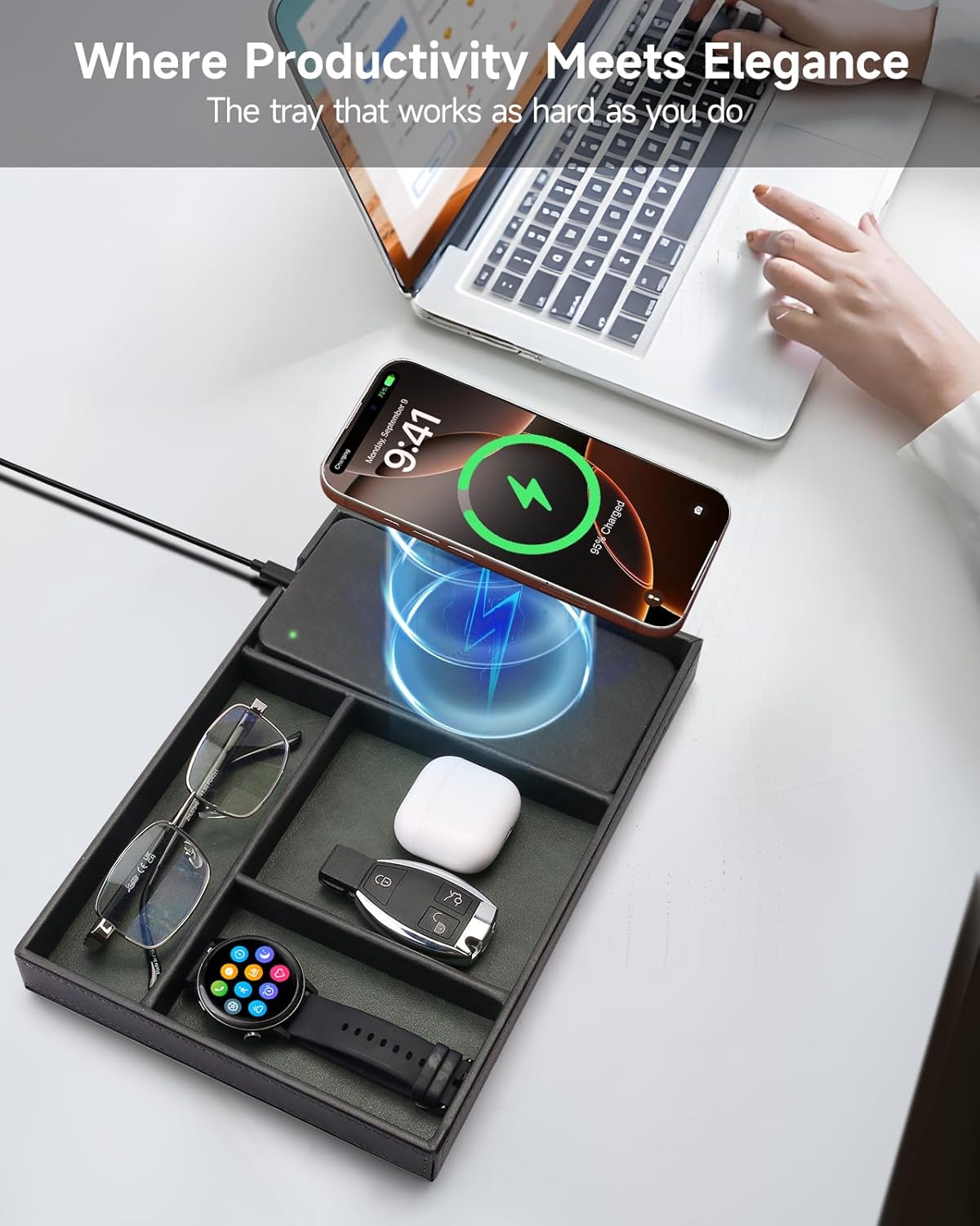 Valet Tray, Built in Wireless Charging Pad, Nightstand Organizer, Dresser Organizer, Mens Jewelry Box, Valet Charging Station, Faux Leather Valet Tray for Men and Women, (Black)