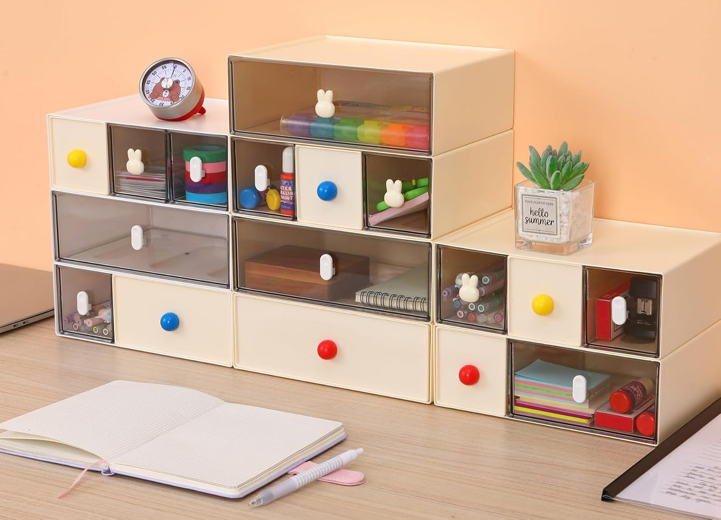 Desktop Storage Drawers, Plastic Desk Organizer with 3 Drawers, Modular Stackable Toolbox Units for Office Stationary, Makeup Container, Bathroom Countertop (1 Tall Layer, Cream & Clear)