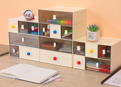 Desktop Storage Drawers, Plastic Desk Organizer with 3 Drawers, Modular Stackable Toolbox Units for Office Stationary, Makeup Container, Bathroom Countertop (1 Tall Layer, Cream & Clear)