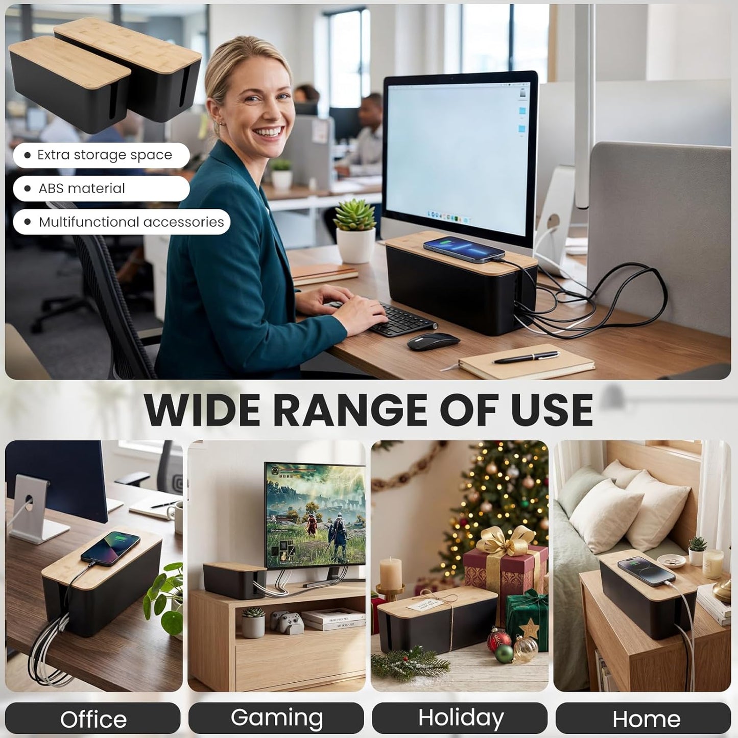 2 Pack Cable Management Box - Cord Organizer Box with Wooden Lid for TV Wires, Power Strips, Router, USB Hub & Under Desk Power: Baby & Pet Proof Cord Management, Cord Hider for Home & Office (White)