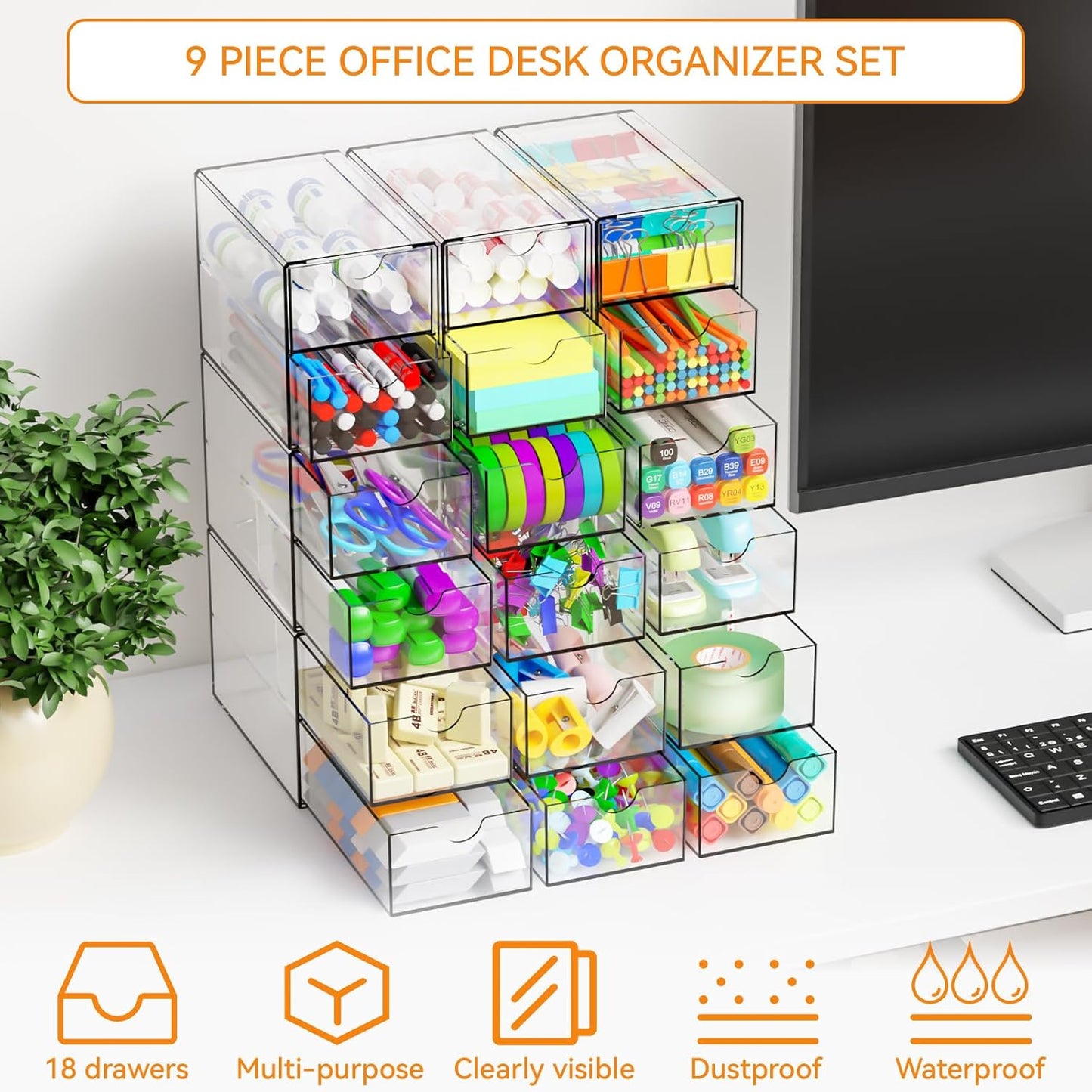 Yieach 11.1 Inch Long Clear Drawer Organizers Stackable,3 Pack Small Acrylic Drawers,School,Office Supplies Organizer And Storage Bins for Stationery,Marker,Pen,Pencil,Craft Desktop Storage Drawers