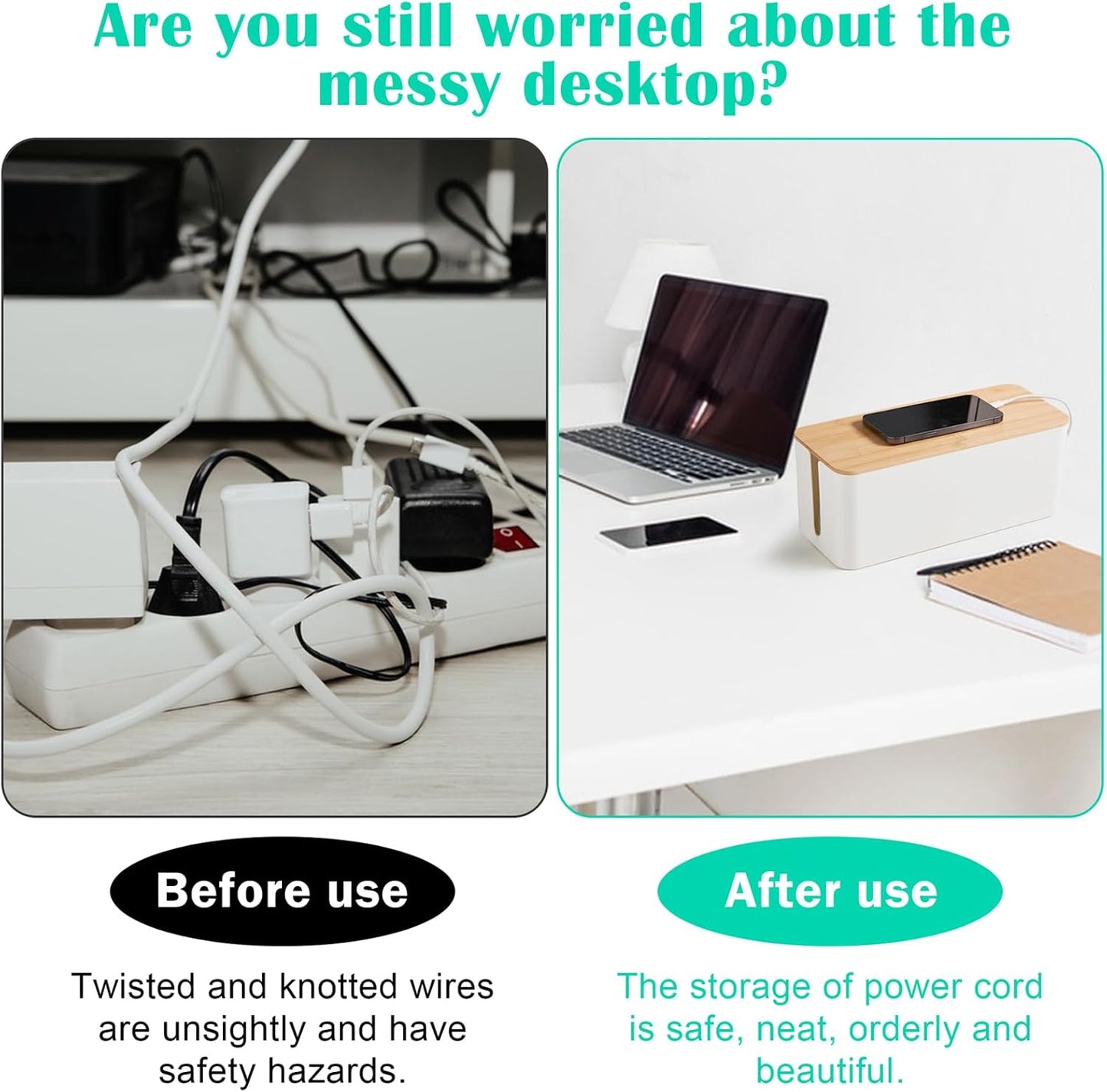 Cable Tidy Box White Cable Box with Bamboo Lid Cable Organiser Cable Management Box for Hiding Cables and Plugs