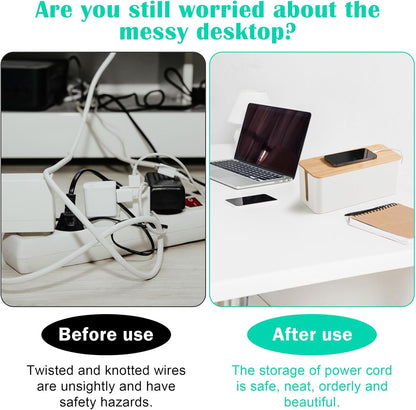 Cable Tidy Box White Cable Box with Bamboo Lid Cable Organiser Cable Management Box for Hiding Cables and Plugs