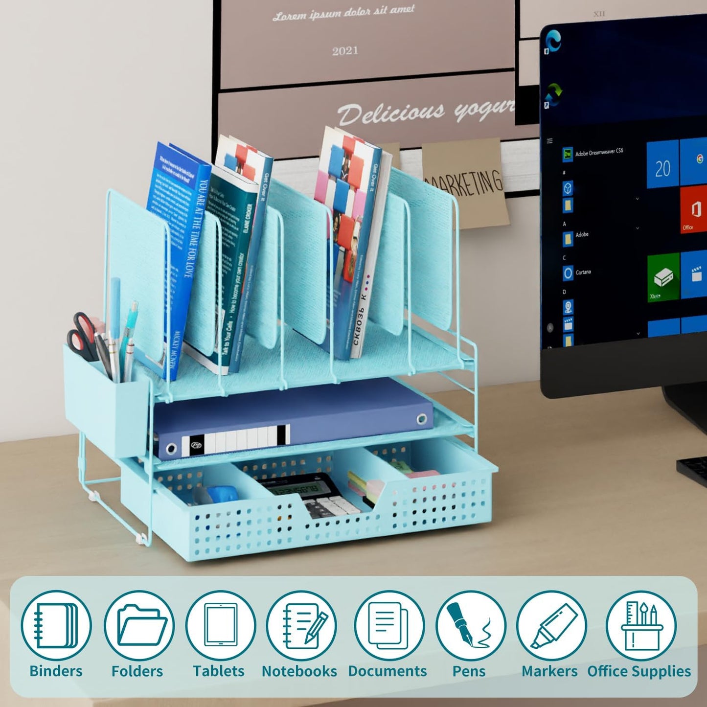 LEKETREE Desk Organizer, Office Organization with Vertical File Holder, File Organizer with Drawer and Pen Holder, Desk Accessories and Workspace Organizers for Home Office (Black)