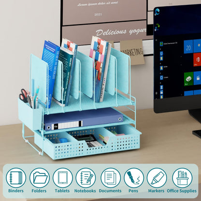 LEKETREE Desk Organizer, Office Organization with Vertical File Holder, File Organizer with Drawer and Pen Holder, Desk Accessories and Workspace Organizers for Home Office (Black)