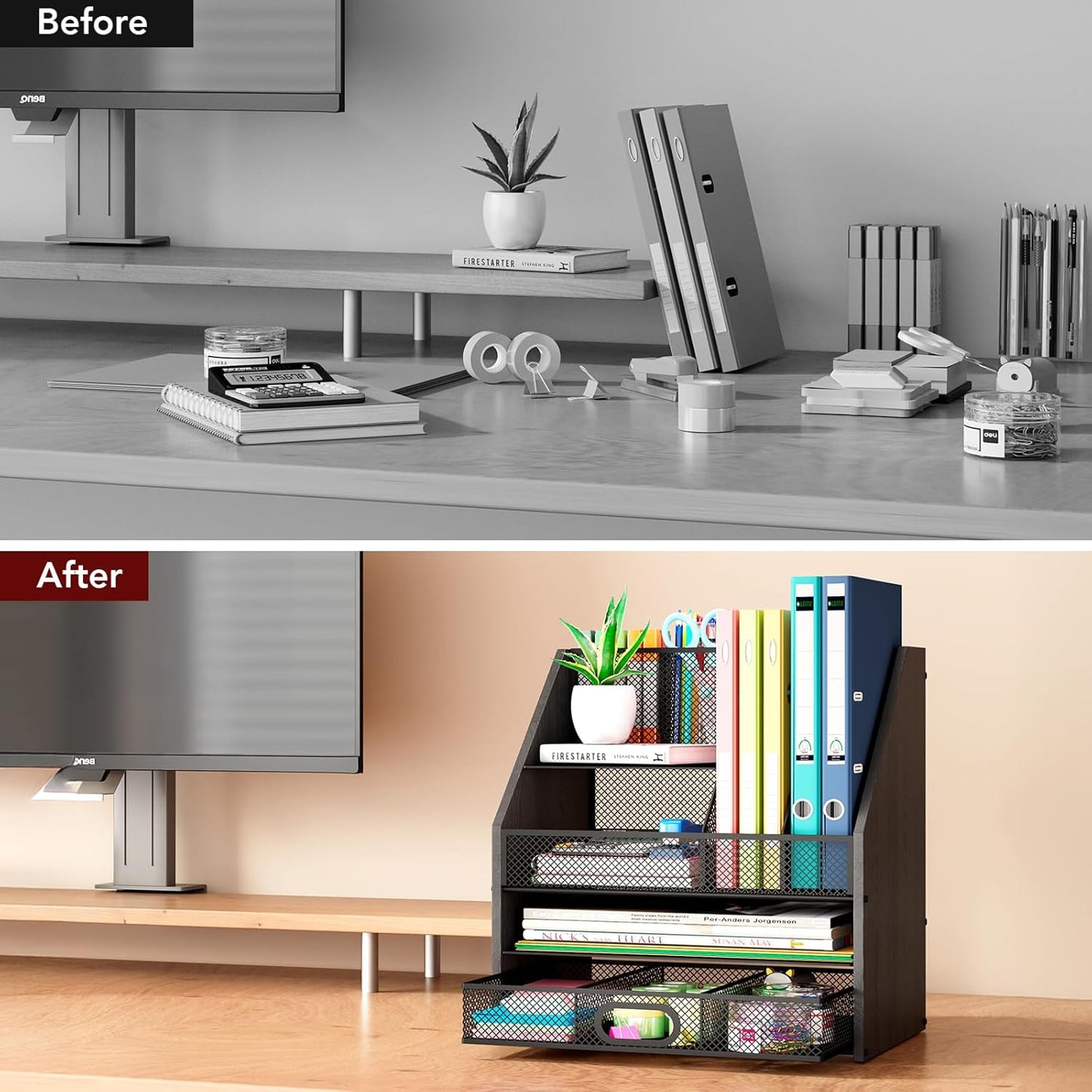 Homsorout Wooden Desk Organizer - Mesh File Organizer with Drawers and Pen Holder - 4-Tier Vertical Paper Letter Storage Tray, Desktop Organizers and Accessories for Home Office