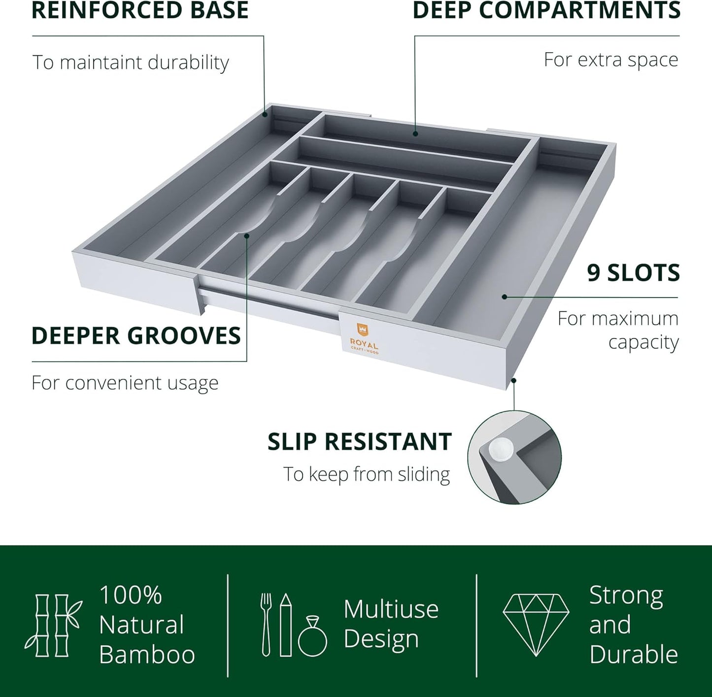 ROYAL CRAFT WOOD Luxury Bamboo Kitchen Drawer Organizer - Silverware Organizer, Utensil Holder & Cutlery Tray Drawer Dividers for Flatware (9 Slot, Natural)