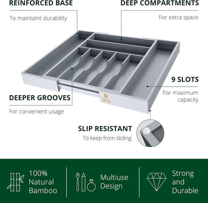ROYAL CRAFT WOOD Luxury Bamboo Kitchen Drawer Organizer - Silverware Organizer, Utensil Holder & Cutlery Tray Drawer Dividers for Flatware (9 Slot, Natural)